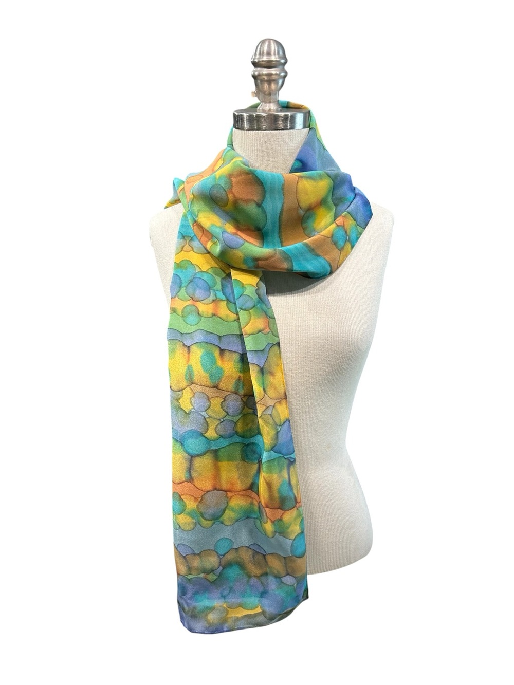 Hand Painted Blue, Orange, Turquoise, Yellow Silk Scarf NWT - Picture 3 of 5